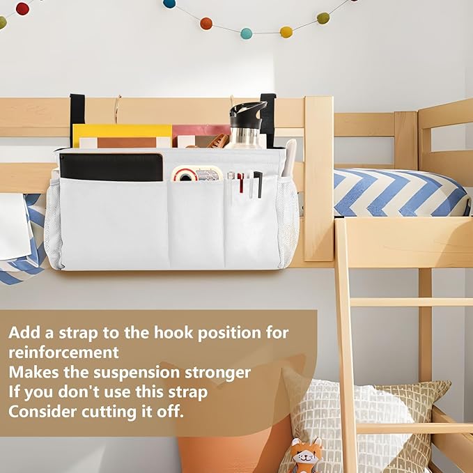 KOPIRIT White Bedside Caddy Storage Bag Bedside Organizer for Bunk Bed Headboards College Hanging Storage Organizer 6 Pockets with Hooks for Drinks Magazine Phone Holder