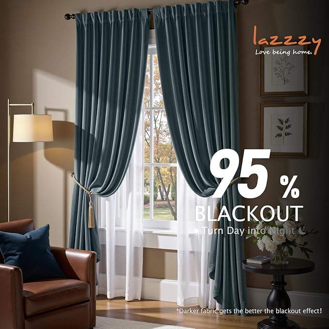 Lazzzy Blue Blackout Velvet Curtains 108 Inch Long Thermal Insulated Lined Curtain Drapes Luxury Back Tab Window Treatments for Bedroom Living Room 2 Panels, 52 x 108 Inch, Aegean Blue