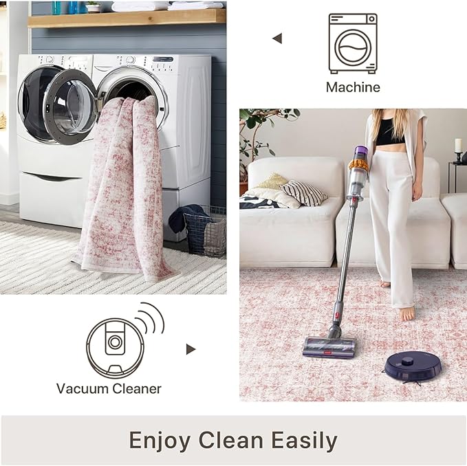8x10 Area Rugs for Living Room, Non-Slip Backing Washable Rug 8x10, Pink Large Area Rug Soft Carpet for Bedroom Dining Room, Vintage Floral, Easy Clean, Durable, Low Pile Rug Under Table