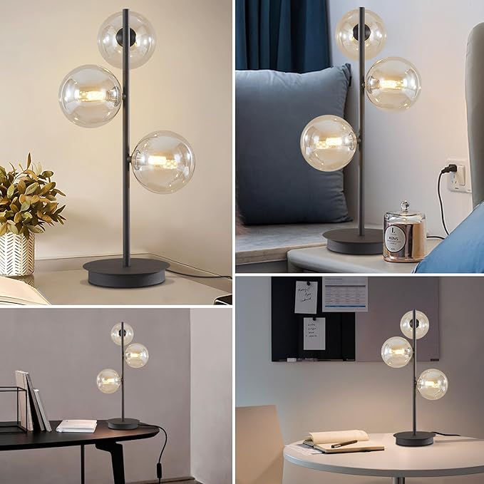 Mid Century Modern 3 Lights Globe Table Lamp Contemporary Minimalist Tall Bedside Desk Lamp Farmhouse Cognac Glass Nightstand Lamps Vintage Reading Light for Bedroom Living Room MTL03-B