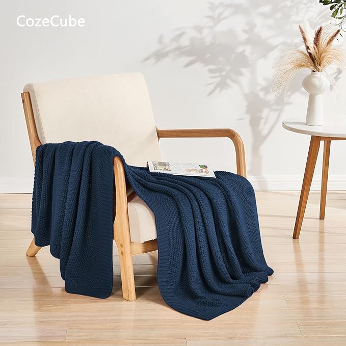 CozeCube Navy Blue Throw Blanket for Couch, Soft Cozy Cable Knit Throw for Bed Sofa Living Room, Lightweight Warm Decorative Farmhouse Christmas Blanket, 60"x80", Navy Blue