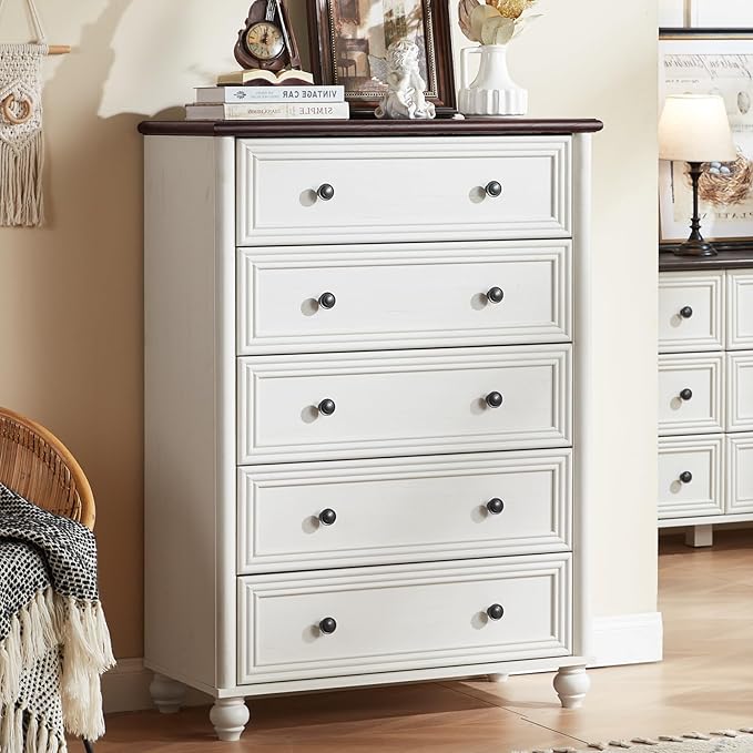 White Dresser for Bedroom, Farmhouse Tall Chest of Drawers Dresser Elegant Large Storage Dressers Organizer with Solid Wood Legs and Metal Handle Closet for Living Room, Hallway Entryway