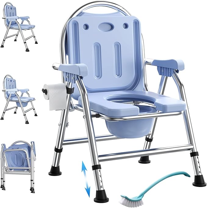 4 in 1 Folding Bedside Commode Chair for Elderly with Arms and Back,Adjustable Height Raised Toilet Seat with Handles,Adults Potty Chair for Seniors,Disabled,Holds Up to 350 lbs (ABS Plastic Seat)