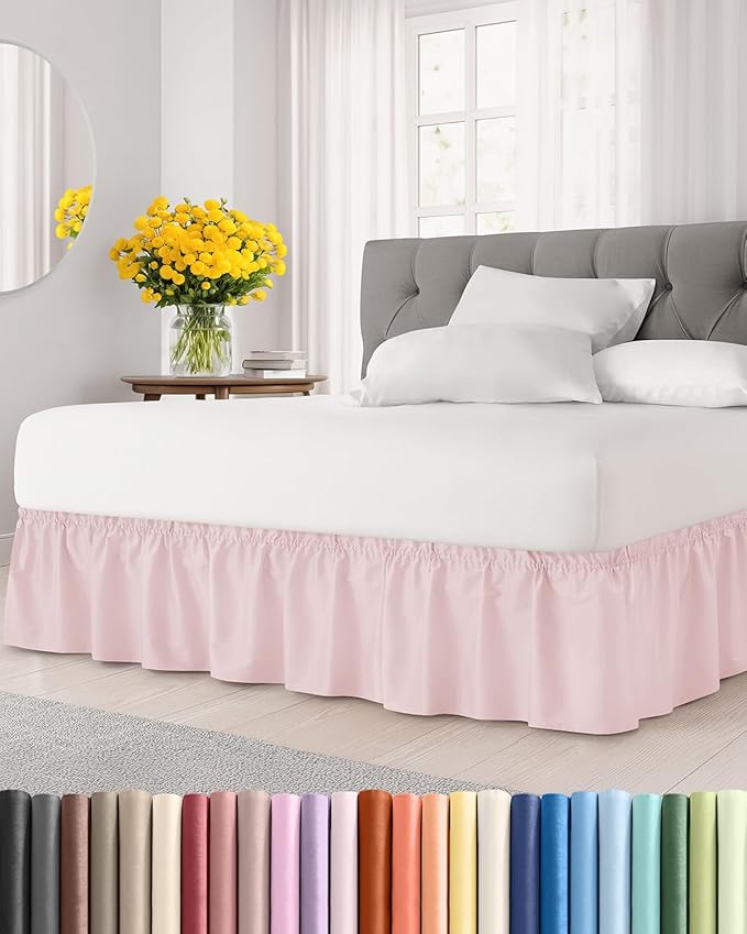 Wrap Around Dust Ruffle Bed Skirt - Lavender Pink - for King Size Beds w/ 12 Inch Drop - Easy Fit Elastic Strap - Adjustable Pleated Bedskirt w/Brushed Fabric - Wrinkle Free, Women, Men, Kids & Teens
