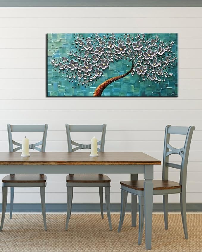 YaSheng Art - 100% hand painted Flower Art Oil Painting On Canvas Texture Silver Flowers Tree Paintings Modern Home Bedroom, Dining Room, Decor Wall Art 3D Abstract Artwork Paintings 20x40inch