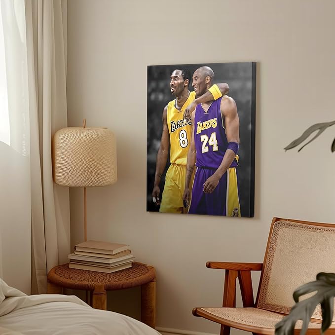 Kobe Bryant Canvas Wall Art Print Poster, Iconic Basketball Player Dual-Era Tribute Artwork, No. 8 and No. 24 Jersey Mamba Mentality Wall Decor for Home Gym Dorm Office Living Room, Framed 11x14inch