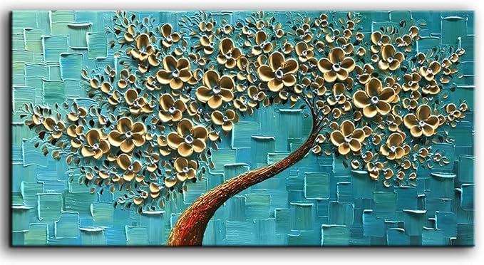 YaSheng Art - Handmade Golden Flowers Artwork Oil Painting On Canvas Texture Palette Knife Abstract Tree Canvas Wall Art Modern Home for Bedroom Living Room Office Wall Decor 24x48inch