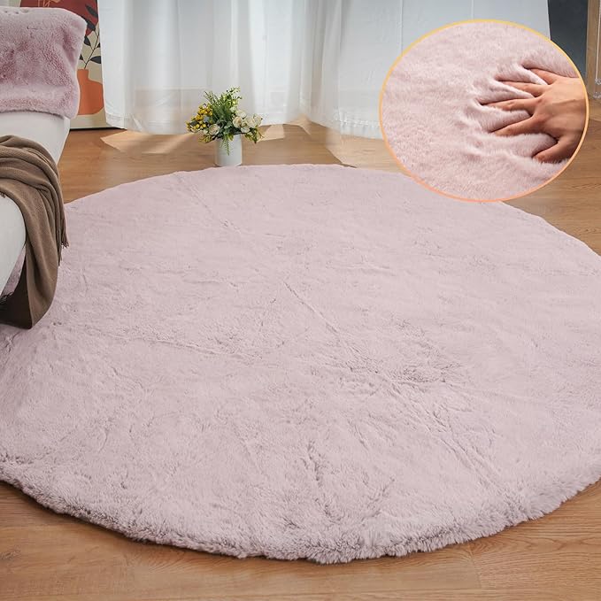 Pink Fluffy Round Rugs 6ft Large Circle Washable Faux Rabbit Shaggy Fur Rugs for Bedroom Living Room Nursery Rug Home Décor