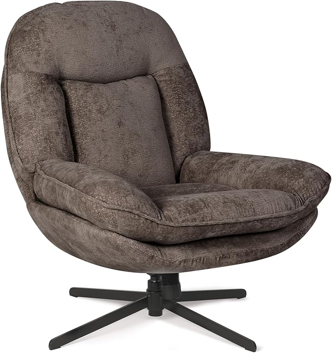 1 Pack 360°Free Swivel Accent Chair for Living Room, Slightly 20°Rocking, 24" High Backrest Upholstered Armchair, Ergonomic Design, Chenille Breathable Soft Fabric Modern Single Sofa, Brown