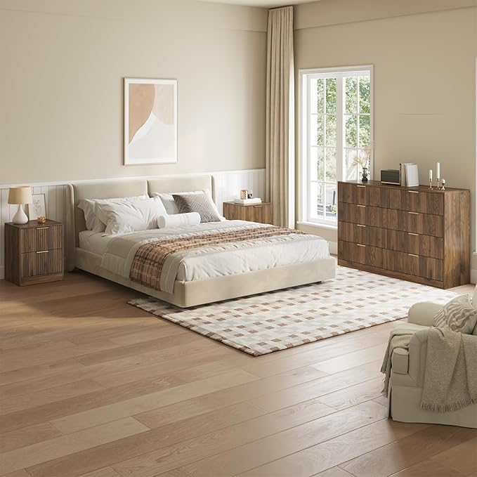 8 Drawer Dresser & Nightstand Set 3-Piece, 55” Wide Fluted Walnut Dresser and Night Stand Set of 2 with Metal Handle, Modern Wood Chest of Drawers Storage Dressers Set for Bedroom, Walnut