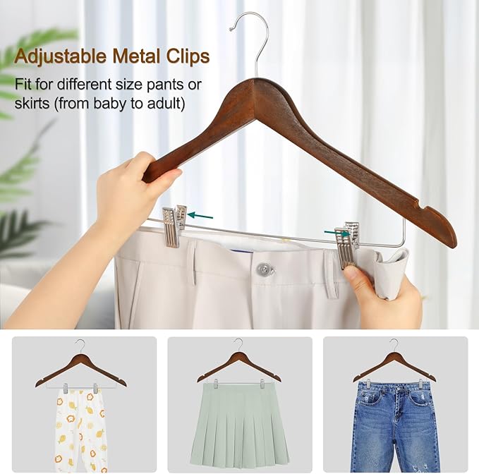TOPIA HANGER Wooden Suit Hangers with Adjustable Metal Clips (10 Pack), Solid Wood Clothes Hangers, 360° Swivel Hook, Premium Retro Finish Pants Hangers for Clothes Coat, Jeans, Blouse-CT28A