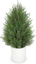 Briful 27” Artificial Cedar Topiary Tree in White Planter – Realistic Faux Evergreen Faux Floor Plant with Layered Leaves, Decorative Indoor Outdoor Potted Shrub for Home, Office, Patio, Porch