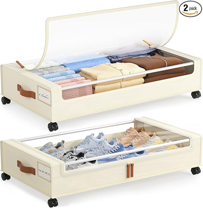LAMU Under Bed Storage with Wheels, 2 Pack Under Bed Storage Containers with Clear Lid, XXL 60L Underbed Storage Bins, Rolling Under Bed Metal Drawers for Clothes, Blankets, Shoes, Beige