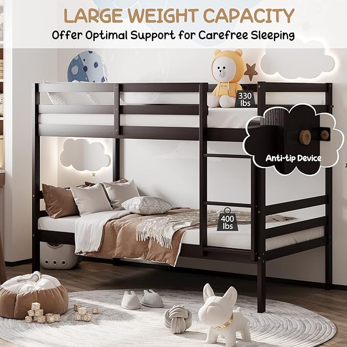 KOMFOTT Wood Bunk Bed Twin Over Twin, Bunk Bed with Ladder & Safety Guardrail, Solid Wood Bed Frame, Ideal for Dormitory & Multiple-Child Family, No Box Spring Needed, Kids Twin Bed