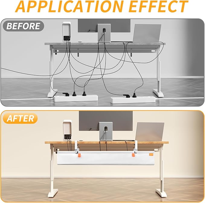 No Drill Under Desk Cable Management Tray, 28" Cord Organizer with Clamp, Fabric Cable Management for Standing Desks, Ideal for Home & Office - White