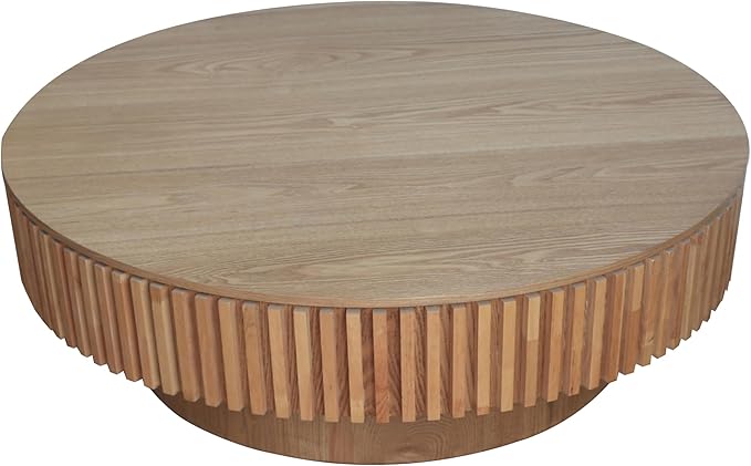 LKTART Round Coffee Table for Living Room, Accent Fluted Drum Coffee Table with Storage, Modern Solid Wood Veneered Circle Center Tea Table for Small Space Apartment (39.4''D×14''H-Natural)