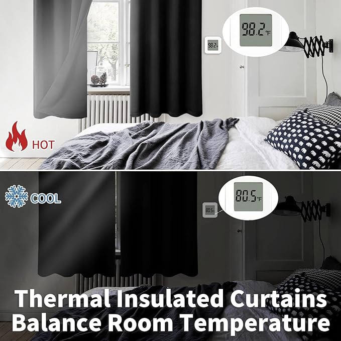 BGment Thermal Insulated 100% Blackout Curtains for Bedroom with Black Liner, Double Layer Full Room Darkening Noise Reducing Grommet Curtain (38 x 84 Inch, Black, 2 Panels)