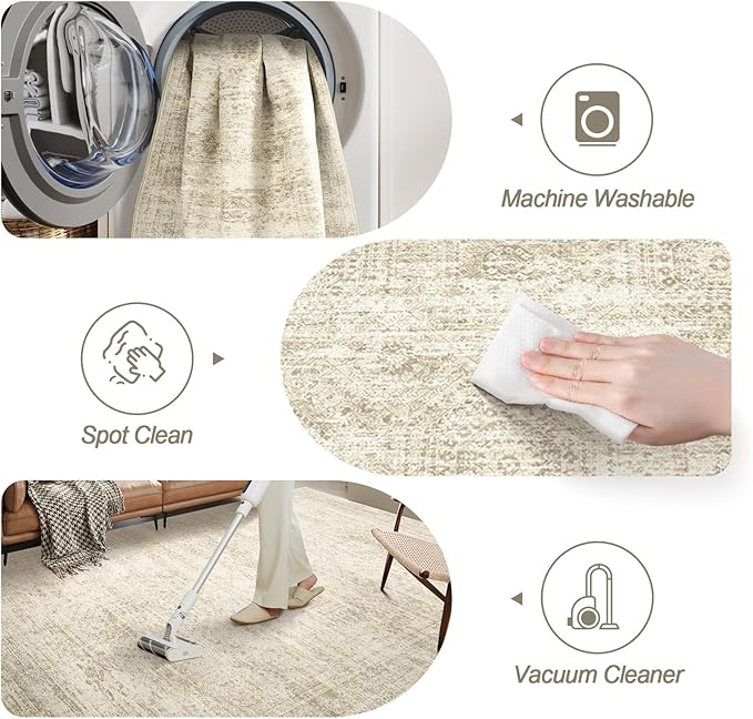 5x5 Beige Round Rug 5ft Living Room Circle Rug Vintage Round Area Rug Non Slip Indoor Carpet for Entryway Dining Room Bedroom