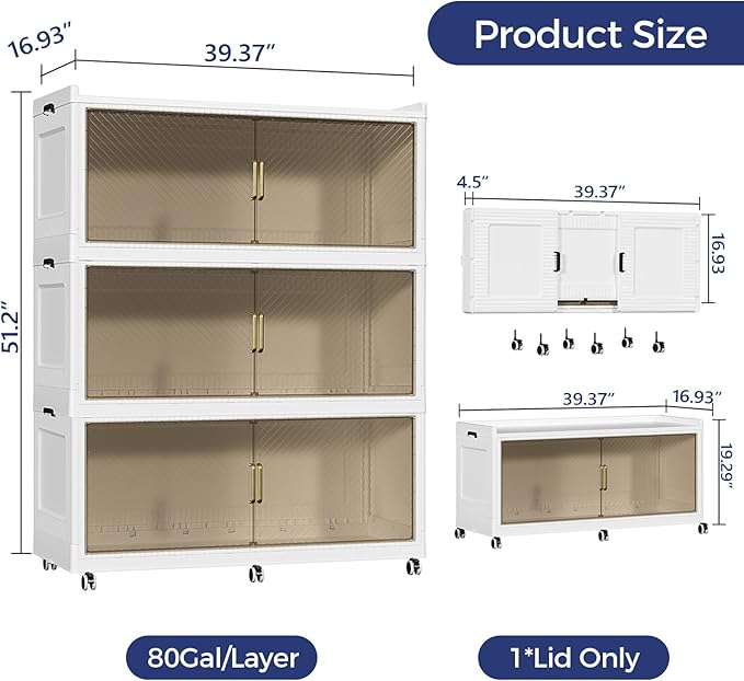 240GAL Extra Large Storage Bins with Lid, 960QT Collapsible Organizer with Wheels, Stackable Closet Cabinet with Doors, Folding Storage Containers for Home, Office, Kitchen, 3Pack White