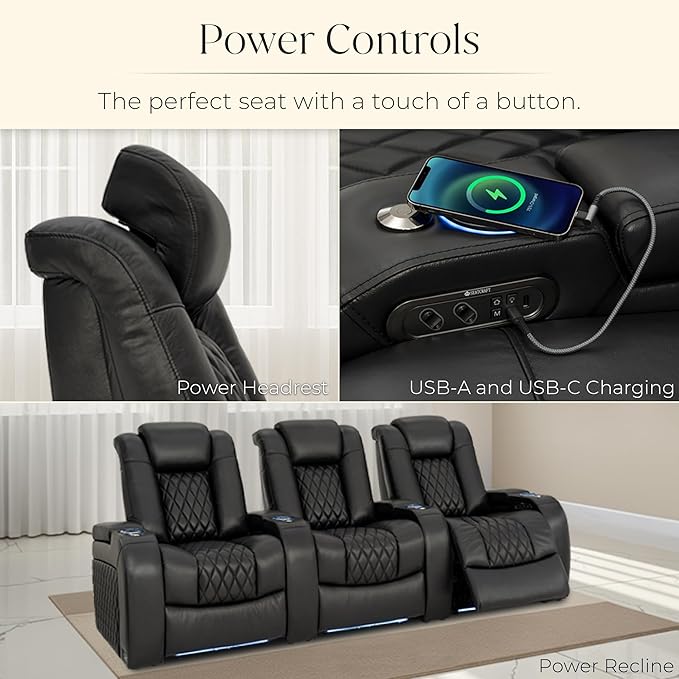 Seatcraft Diamante Zero-Gravity CoolZero Italian Leather Home Theater Seating, Power Headrest, Power Recline, Row of 5 Right Loveseat, Black