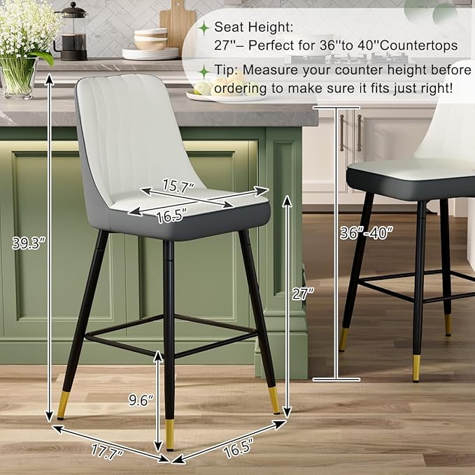 Bar Stools Set of 2,Counter Height Bar Stools with Back and Footrest,27" Barstools with Faux Leather Seat and Black Metal Legs,Counter Stools for Kitchen Island,Pub