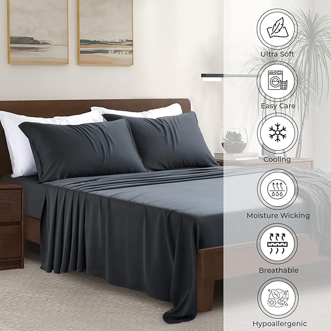 Luxury Bamboo Market | King Size Bed Sheet Set | 100% Viscose Made from Bamboo | Organically Grown | Ultra Soft | Cooling Sheets for Hot Sleepers | 17" Deep Pocket [Charcoal Grey]