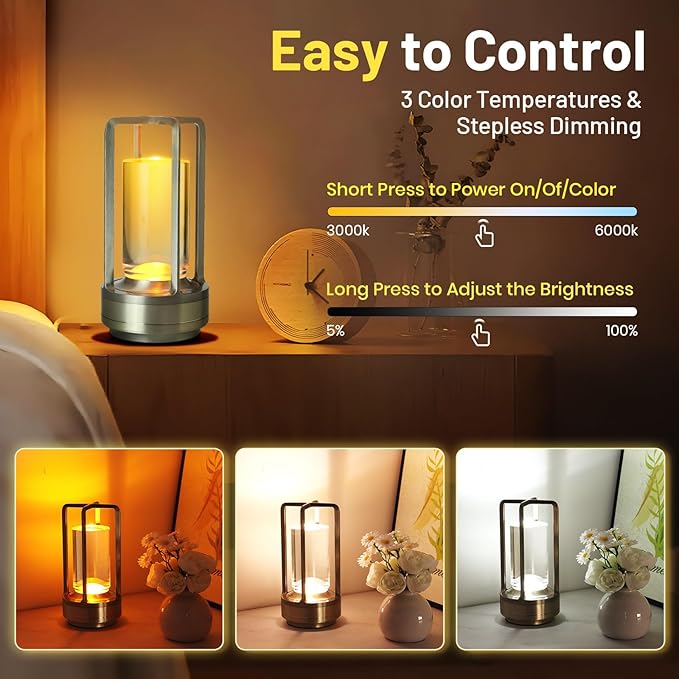 Crystal Lantern Lights Set of 2, Czgor Battery Operated Rechargeable Cordless Crystal Table Lantern Lamp with 3-Color, Small LED Desk Lamp for Indoor/Outdoor Patio Camping Bar Restaurant(Silver)
