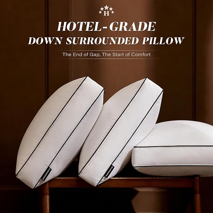 Flat Thin Goose Feather Down Pillow King Size Set of 2, Soft Down Surrounded Hotel Collection Bed Pillows for Sleeping with 3 Inch Gusset, 2 Pack, Plush for Stomach, Back Sleepers 20x36 in.