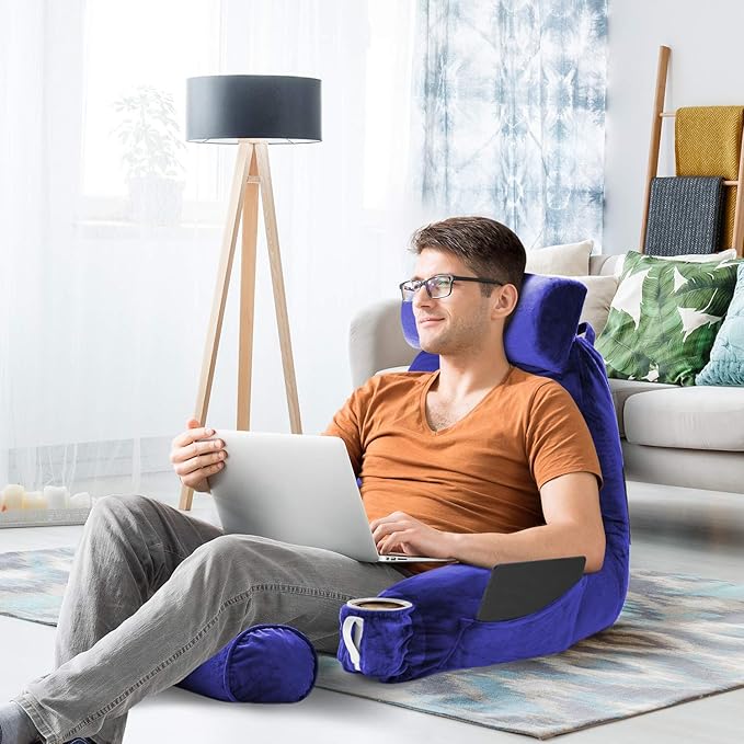 Nestl Reading Pillow with Shredded Memory Foam Includes 2 Neck and Lumber Support Pillows, Designed for Sitting Up in Bed and Couch, Back and Arms Adjustable Support for Adult & Teens, Royal Blue