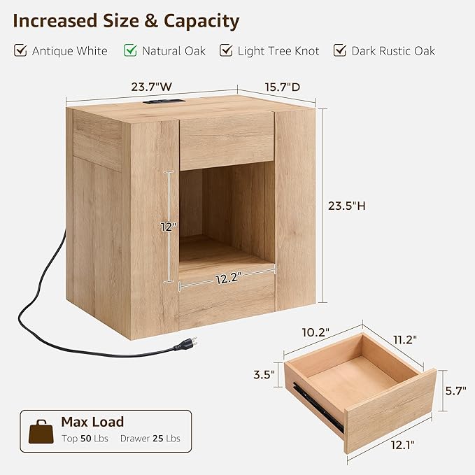 OKD Modern Nightstand with Charging Station, 24" Large Bedside Table, Rustic End Table with Drawers & Open Shelf for Bedroom/Living Room, Night Stand Wood Thick Design,Natural Oak