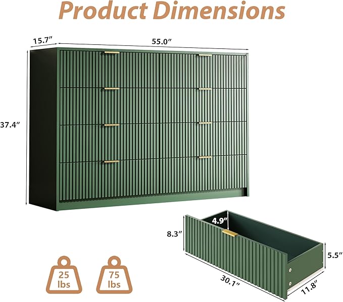 Green Dresser for Bedroom, 8 Drawer Double Dresser, Modern Chest of Drawers for Bedroom, Living Room, Entryway and Closet, 55" L x 15.7" D x 37.4" H