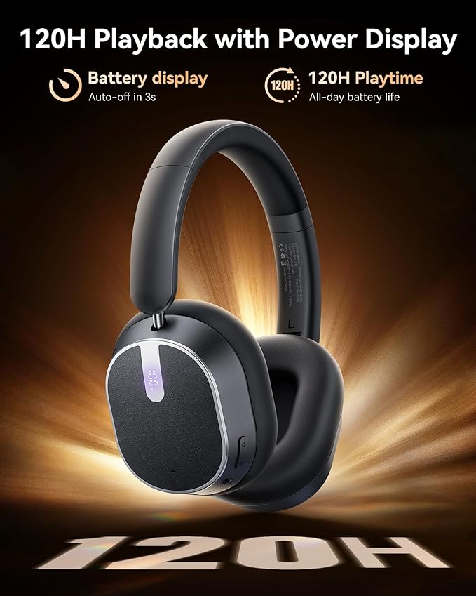 Active Noise Cancelling Headphones,120H Playtime Bluetooth 6.0 Wireless Headphones with Power Display & 6-Mic ENC Calls, 360° Spatial Audio Over Ear Headphones Foldable Headset for Travel Office Game