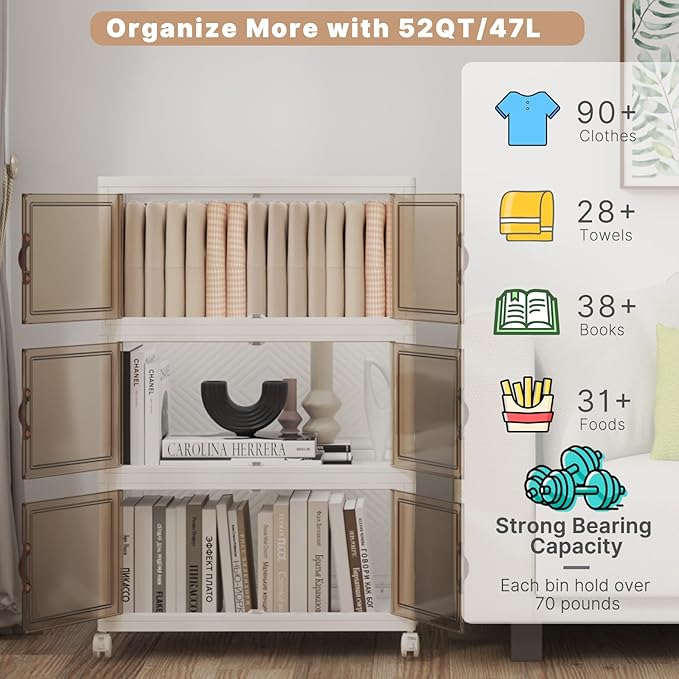 Extra Large Stackable Storage Bins with Lids & Wheels, Foldable Plastic Storage Bins (White, 19.7"×12.4"×33.4")