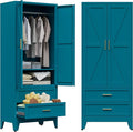 COFaR Metal Wardrobe Cabinet, 71 Farmhouse Armoire Wardrobe Closet with Rods, 2 Barn Doors, Adjustable Shelves, Steel with 2 Drawer Bedroom armoires, Blue Green