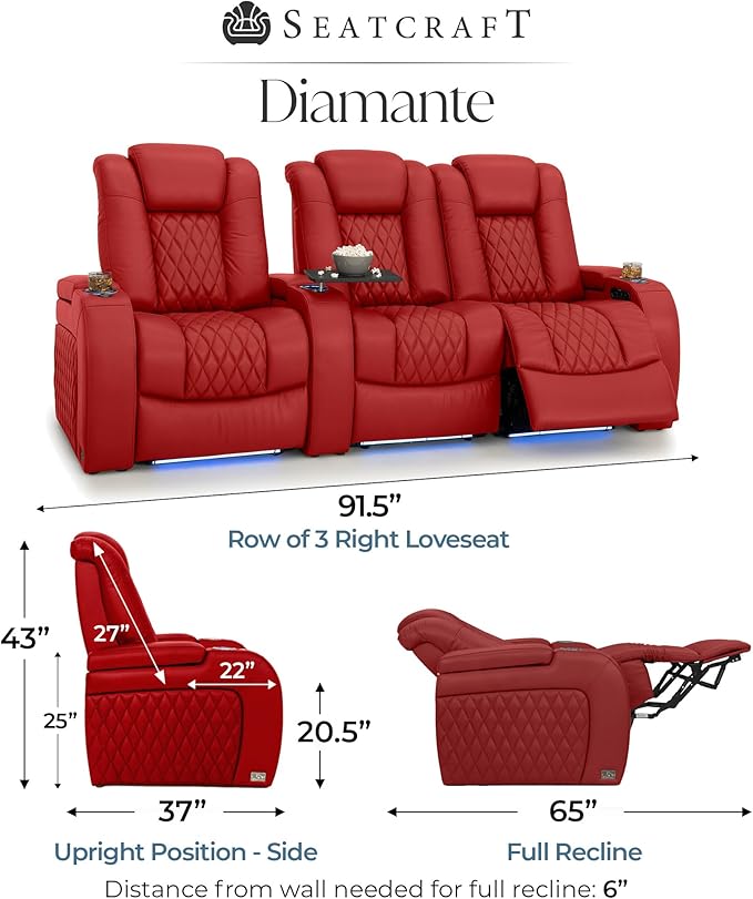 Seatcraft Diamante Zero-Gravity CoolZero Italian Leather Home Theater Seating, Power Headrest, Power Recline, Row of 3 Right Loveseat, Red