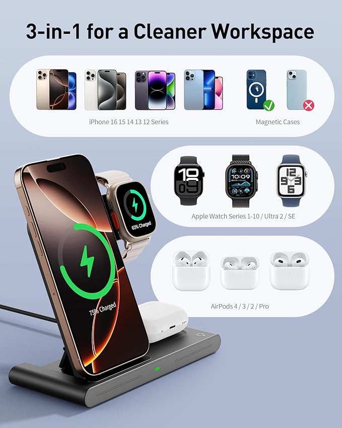 2026 Wireless Charger for Apple and Android Charging Station,3 in 1 Fast Max Charging for iPhone 16 15 14 13 12 Pro Max Plus, Apple Watch Series & Air pods 4 3 2 Pro, Android Samsung Galaxy Series