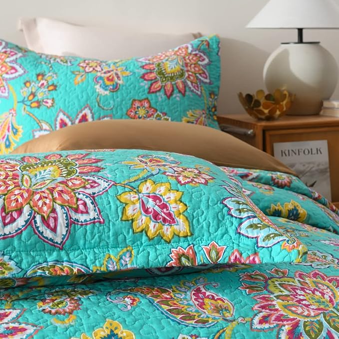 Cotton Bedspread Quilt Sets Reversible Bedding Coverlet Sets Comforter Paisley Floral Bedspread (Green Vintage Floral, Queen Size)