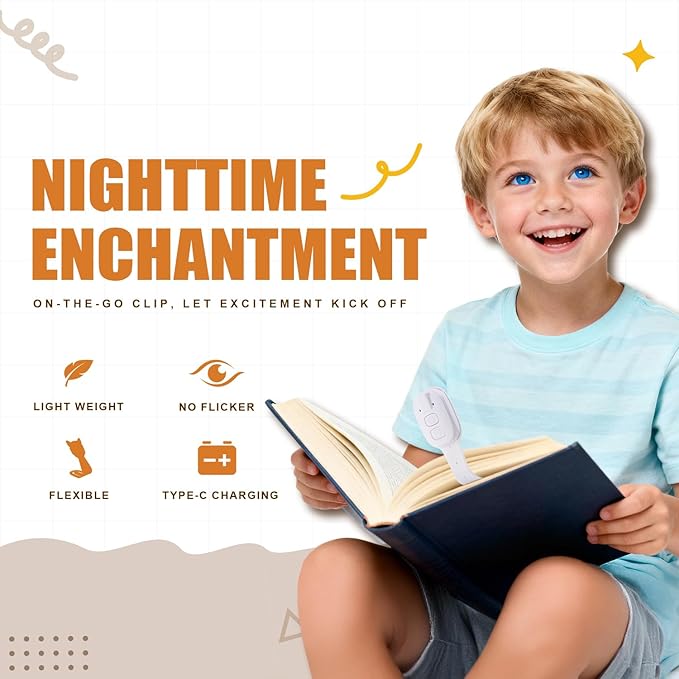 Rechargeable Book Light for Kids at Night – Portable Clip-On LED Light with Dimmable Brightness Ideal for Kids & Adults, Bedtime & Travel–Eye-Caring, Flexible, Gift for Book Lovers,White