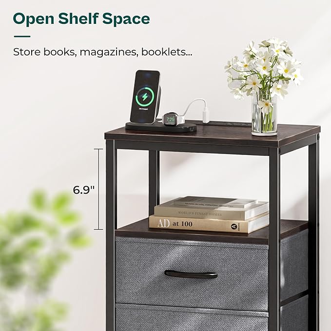 Huuger Nightstands Set of 2, End Tables with Charging Station, Fabric Drawers, Bedside Tables with USB Ports and Outlets, Night Stands for Bedroom, Walnut