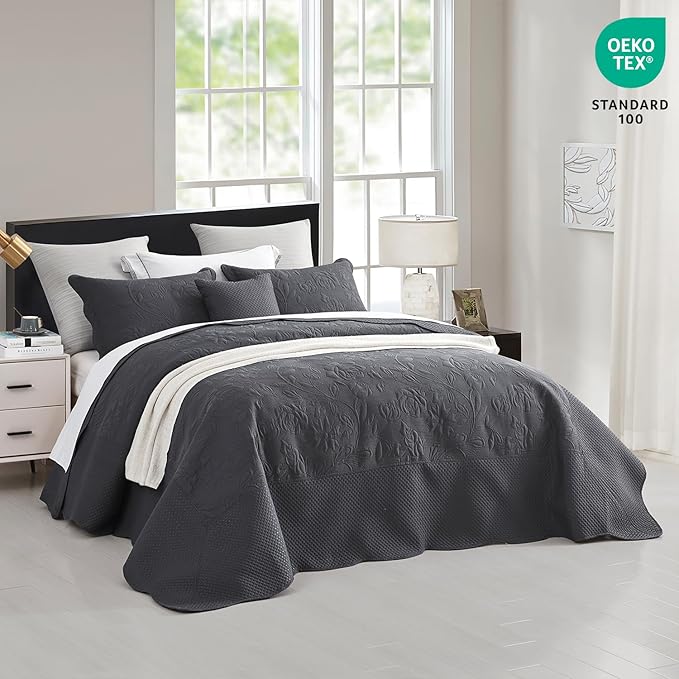 CHIXIN Oversized Bedspread Coverlet Set King Size - Lightweight Bedding Cover - Ultrasonic Quilting - 5 Piece Reversible Bedspread - Vintage Rose Pattern (King, Dark Grey)