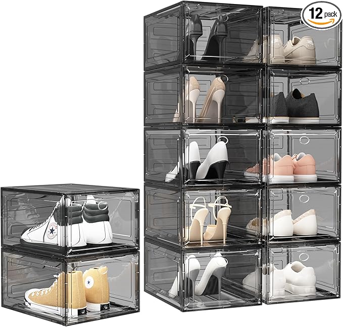 Upgrade Harder Solid Plastic Shoe Organizer with Magnetic Front Door, 12 Pack Shoe Boxes Clear Stackable, Sneaker Storage for Closet, Shoe Display Case, Black