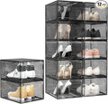 Upgrade Harder Solid Plastic Shoe Organizer with Magnetic Front Door, 12 Pack Shoe Boxes Clear Stackable, Sneaker Storage for Closet, Shoe Display Case, Black