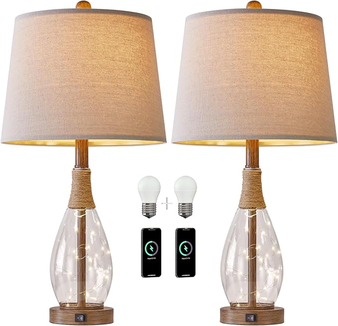 OYEARS Wood-Like Bedside Table Lamps Set of 2 with USB, Farmhouse Nightstand Lamps for Bedroom, Retro Rattan Table Lamps for Night Stands, Living Room, Boho Table Lamp with Glass Nightlight