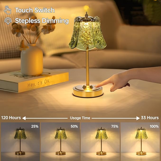 Small Table Lamp with 5200mAh Battery & Touch Control - 3 Adjustable Color Temperatures, Dimmable Rechargeable Table Lamps for Living Room, Bedroom, Bedside (Green Rose)