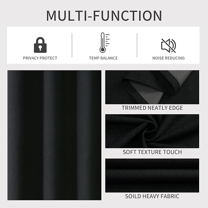 Joydeco Blackout Curtains 90 Inches Long 2 Panels Burg, Room Darkening Curtains for Bedroom, 100% Black Out Textured Thermal Drapes Privacy Protection 2 Panels Set(W52 x L90 Inch, Black)