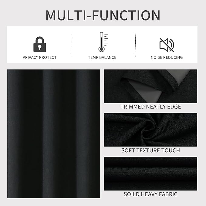 Joydeco Blackout Curtains 63 Inches Long 2 Panels Burg, Room Darkening Curtains for Bedroom, 100% Black Out Textured Thermal Drapes Privacy Protection 2 Panels Set(W52 x L63 Inch, Black)
