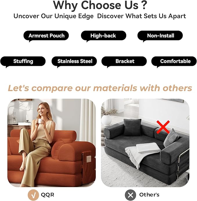 Upgrade High Backrest Design Sofa Bed with Fixed-Shape Frame & Removable Armrests and Backrest, Corduroy Fabric, Convertible Mattress Couch for Small Spaces - No Assembly Needed (High Backrest Orange)