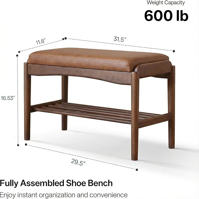 Black Walnut Shoe Bench Assembled, Solid Wood Shoe Rack Bench with Silicone Leather Cushion for Entryway, Living Room, Bedroom, Hallway