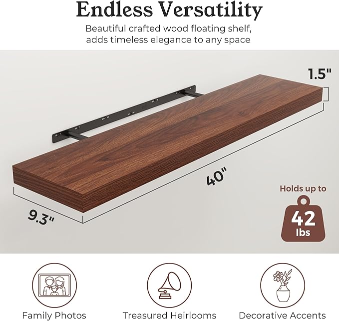 Floating Shelves for Wall, 9.3" Deep Wall Mounted Wood Shelves for Bathroom, Bedroom, Living Room, Kitchen, Hanging Shelf for Books/Storage/Room Decor (Walnut, 40")