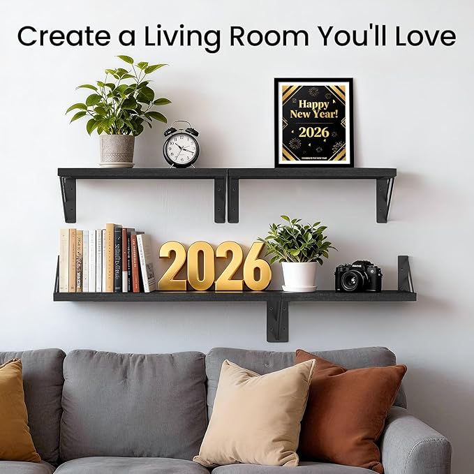 BAYKA Wall Mounted Floating Shelves, Wood Floating Wall Shelf for Books & Decor, Small Space-Saving Display & Organizer（Black，Set of 4）